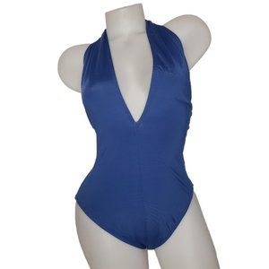 ANNE COLE Deep Plunge Blue One Piece Swimsuit Size 14